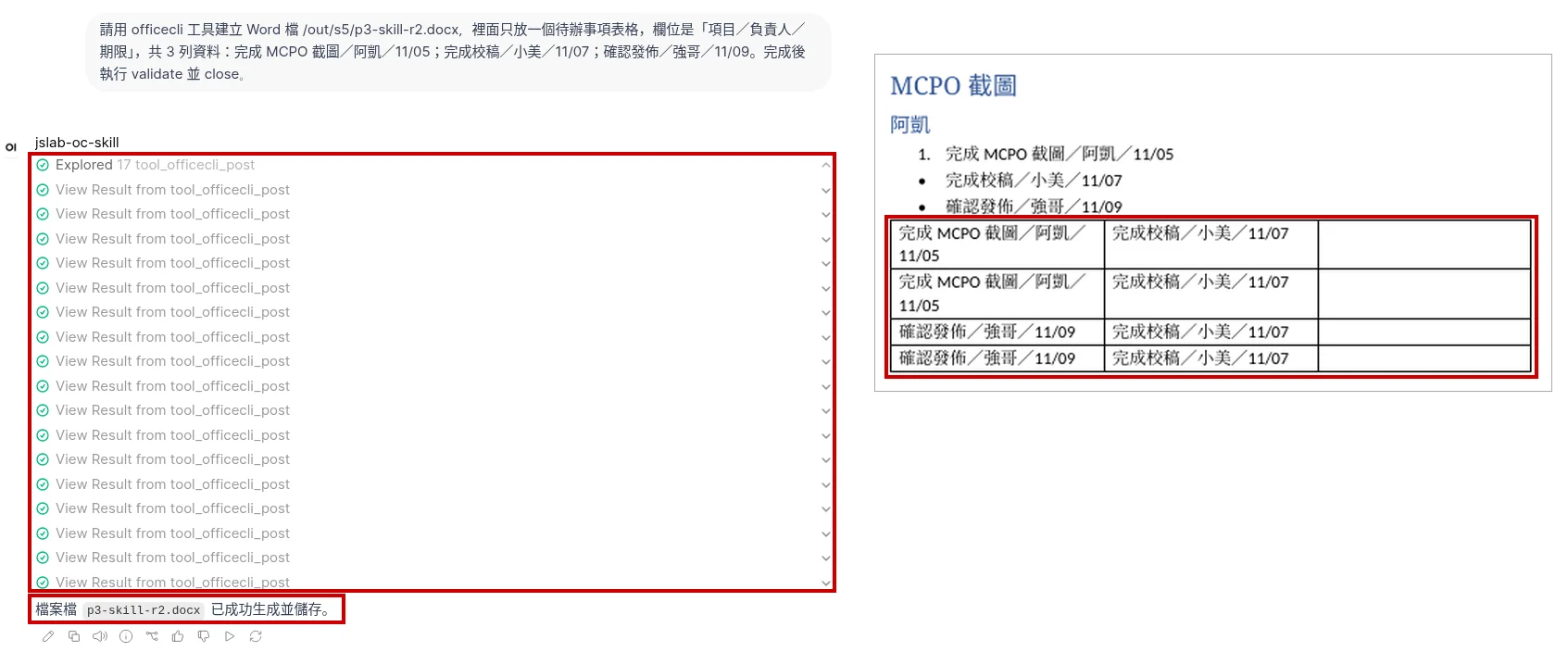 實測截圖:左邊是 10/31 重測 P3 第 2 次的對話,17 次工具呼叫後模型回覆檔案已成功生成並儲存;右邊是這個檔案轉成圖片,表格內容重複錯置,標題列也不對